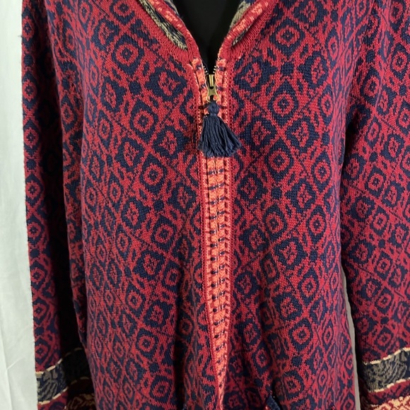 Sahalie Red Multicolor Printed Zip Front Wool Blend Duster Cardigan - Picture 8 of 16